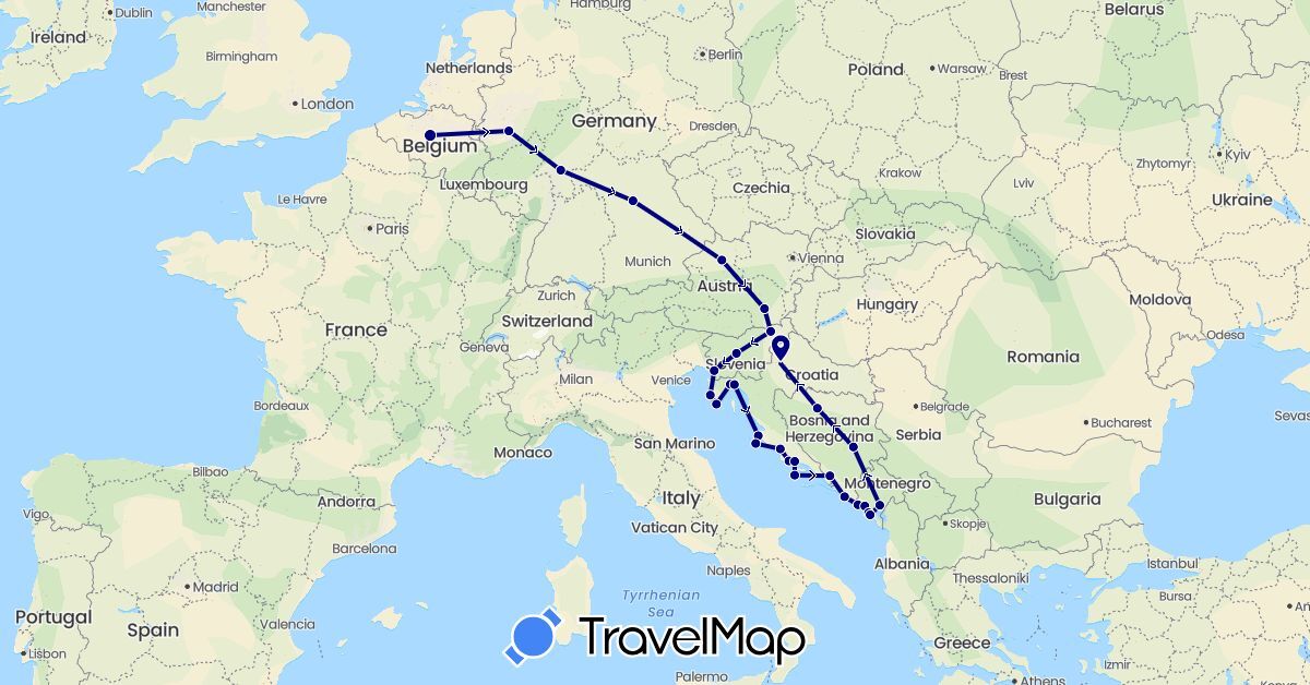 TravelMap itinerary: driving in Austria, Bosnia and Herzegovina, Belgium, Germany, Croatia, Italy, Montenegro, Slovenia (Europe)